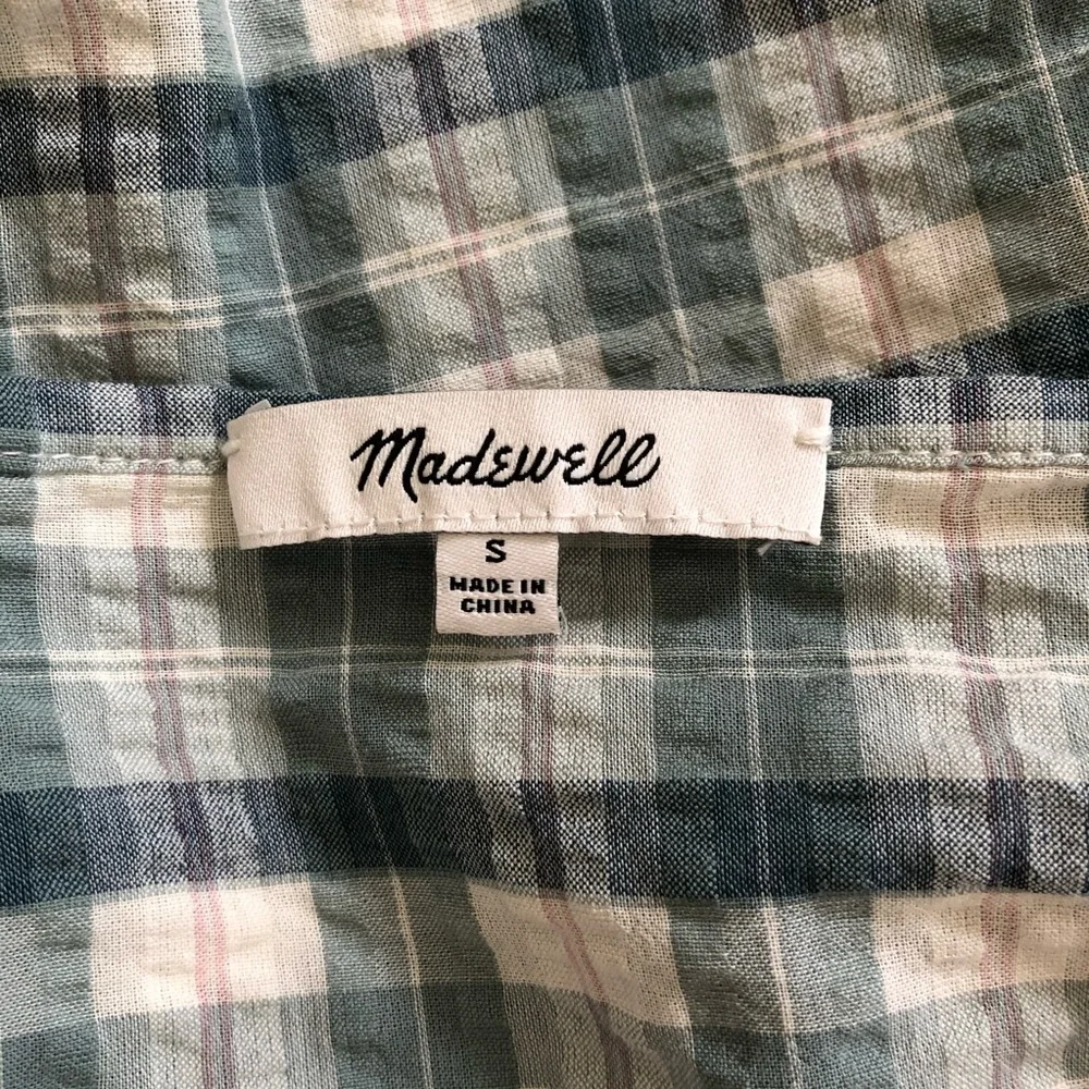 Madewell Plaid Puff-Sleeve Ruched Bodice Top S